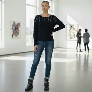 Cache Vintage Y2K Sliver Grommets Long Sleeve Sweater Top Size Small